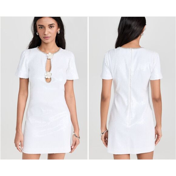 Self-Portrait White Sequin Mini Dress Flower Rhinestone - Picture 1 of 13